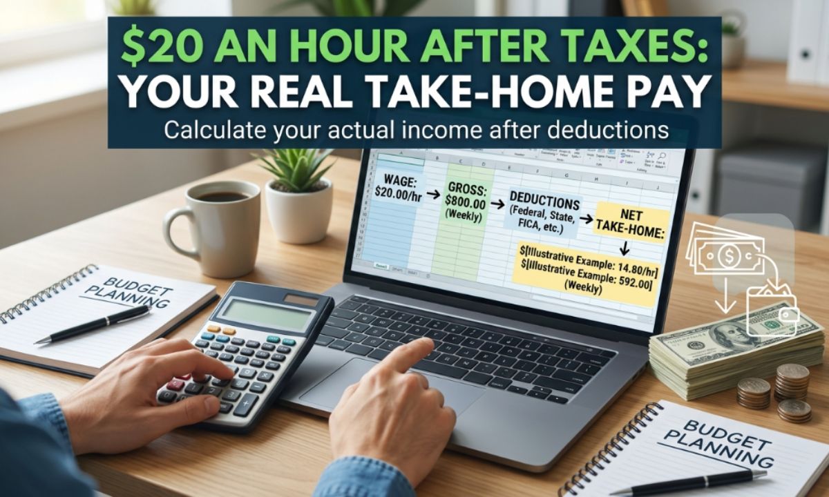Calculating 20 dollars an hour after taxes take home pay on a clipboard with a calculator and cash.