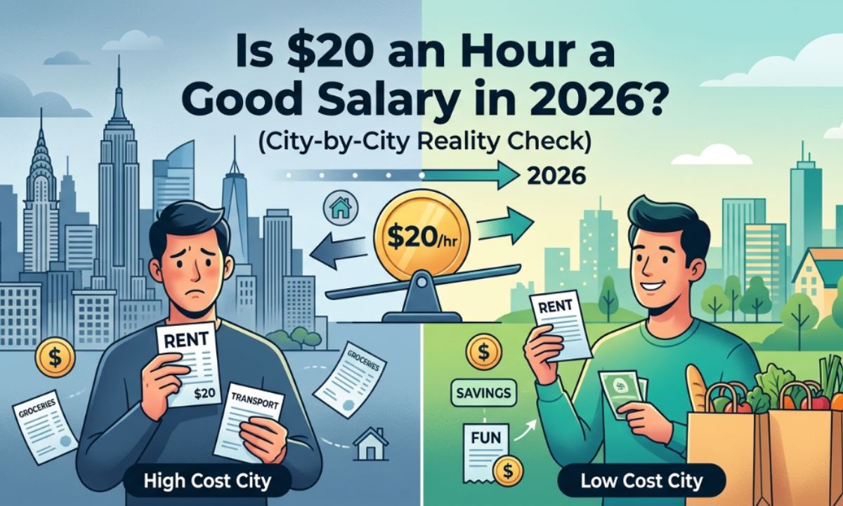 A map of US cities showing a cost of living comparison overlay next to a 20 dollar bill graphic.