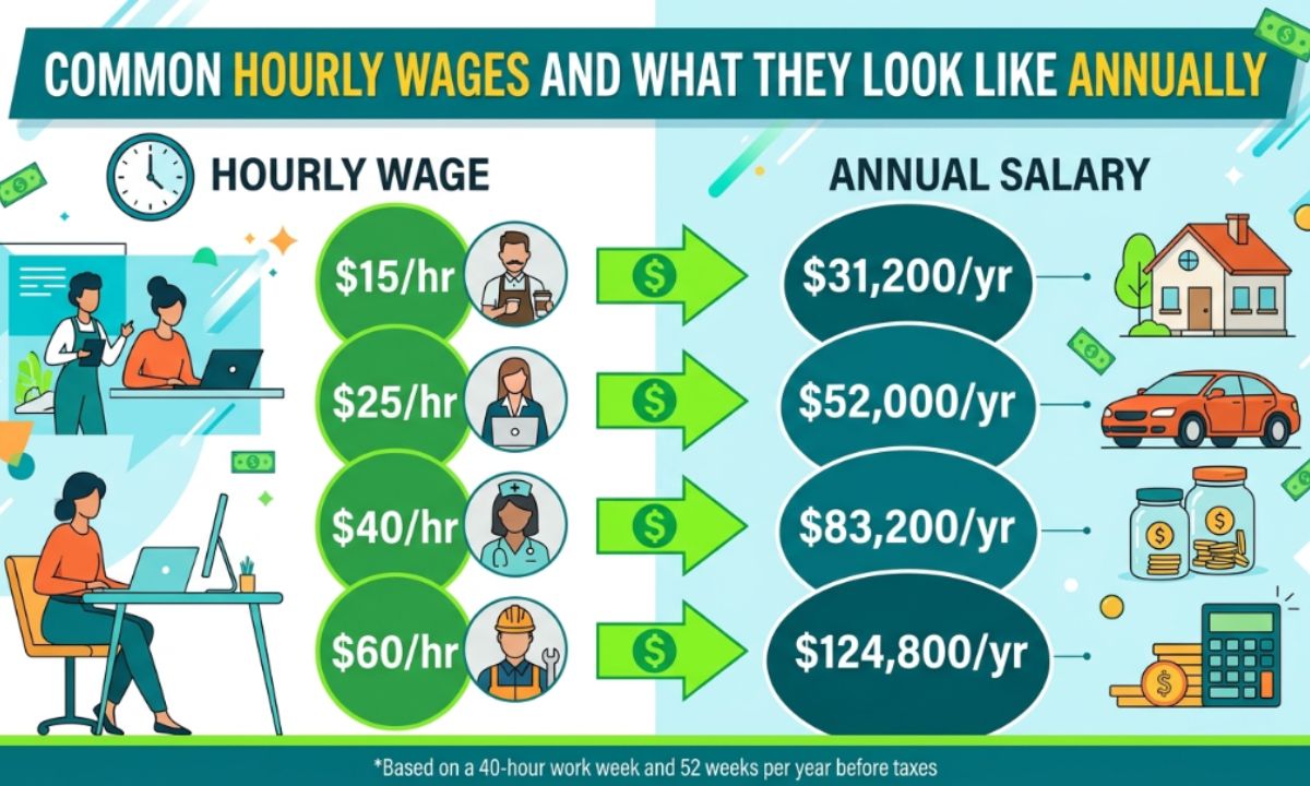 Hourly wage comparison table showing annual salary for common pay rates