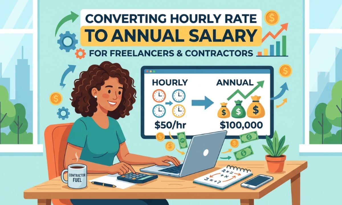 Freelancer calculating hourly rate to annual salary on a desk with notebook
