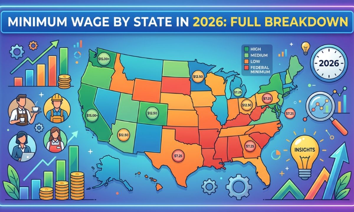 Map comparing 2026 US state minimum wage rates, highlighting the gap between the $7.25 federal floor and higher state rates.