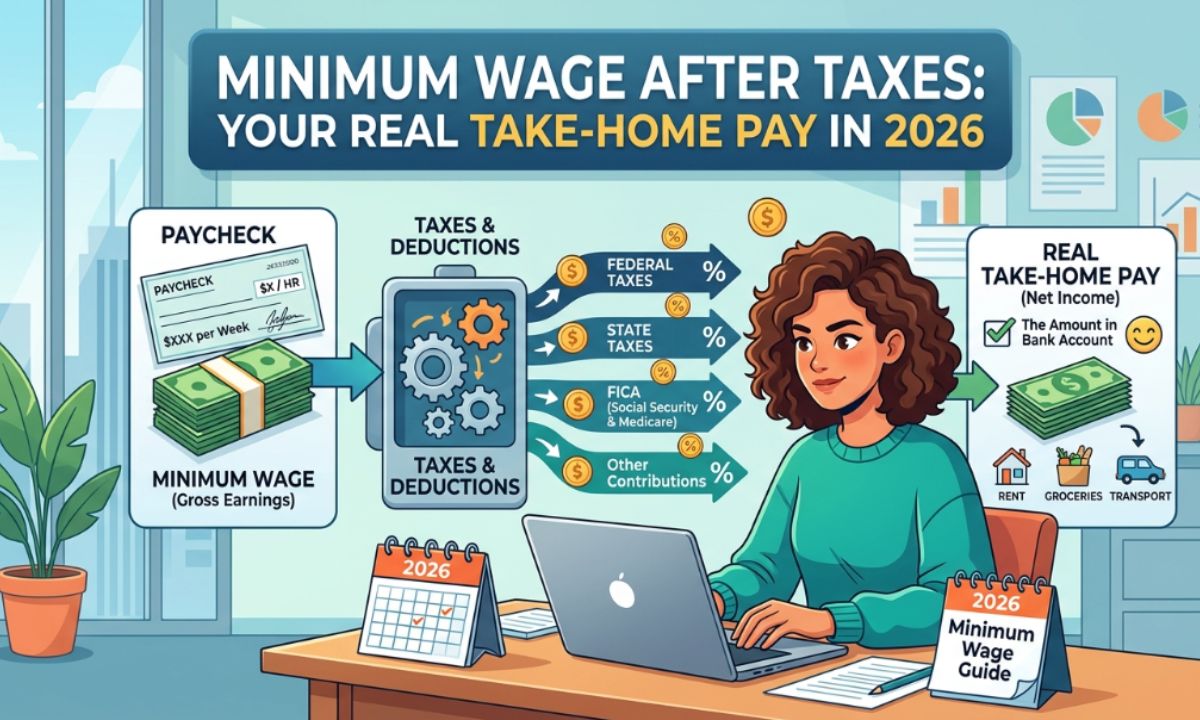 Pie chart breaking down a 2026 US federal minimum wage paycheck, showing gross annual earnings of $15,080 reduced to an estimated take-home pay of $13,926 after mandatory FICA Social Security and Medicare tax deductions.