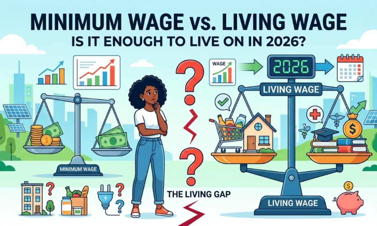 A bar chart illustrating the deficit between 2026 statutory minimum wages and the MIT living wage across major US locations, showing a full-time federal minimum wage income of $15,080 falling over $30,000 short of the $45,281 living wage benchmark required for a single adult in Texas.