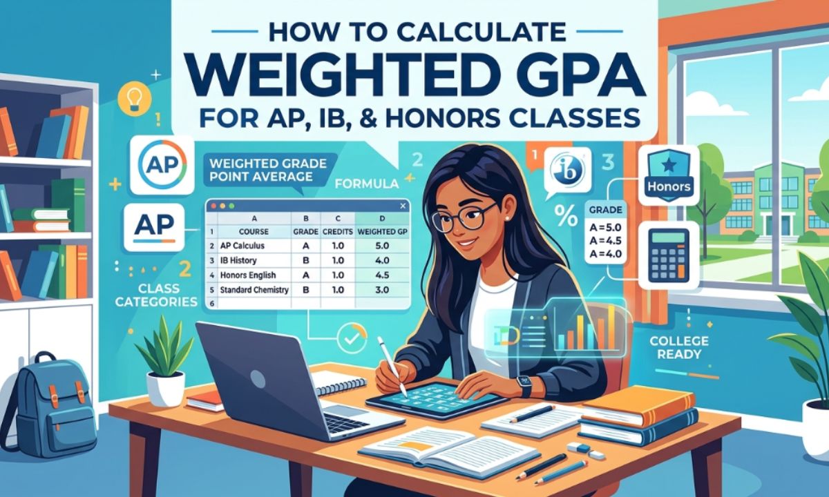 How to Calculate Weighted GPA for AP, IB, and Honors Classes A comparison chart showing the difference between unweighted GPA on a 4.0 scale and weighted GPA on a 5.0 scale for AP, IB, and honors classes.