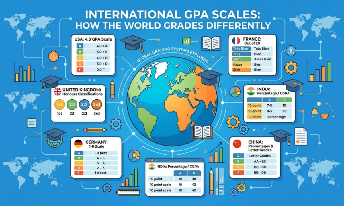 International GPA Scales How the World Grades Differently A colorful world map illustration overlaid with different academic grading symbols, including percentage signs, letter grades like A+, and numerical scales like 10/10 and 20/20.