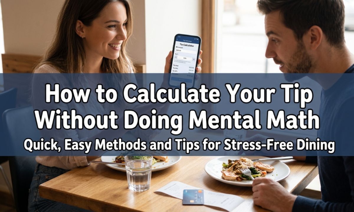 How to Calculate Your Tip Without Doing Mental Math A modern text-based graphic featuring the title "How to Calculate Your Tip Without Doing Mental Math" in clean typography next to an icon of a receipt and a smartphone.