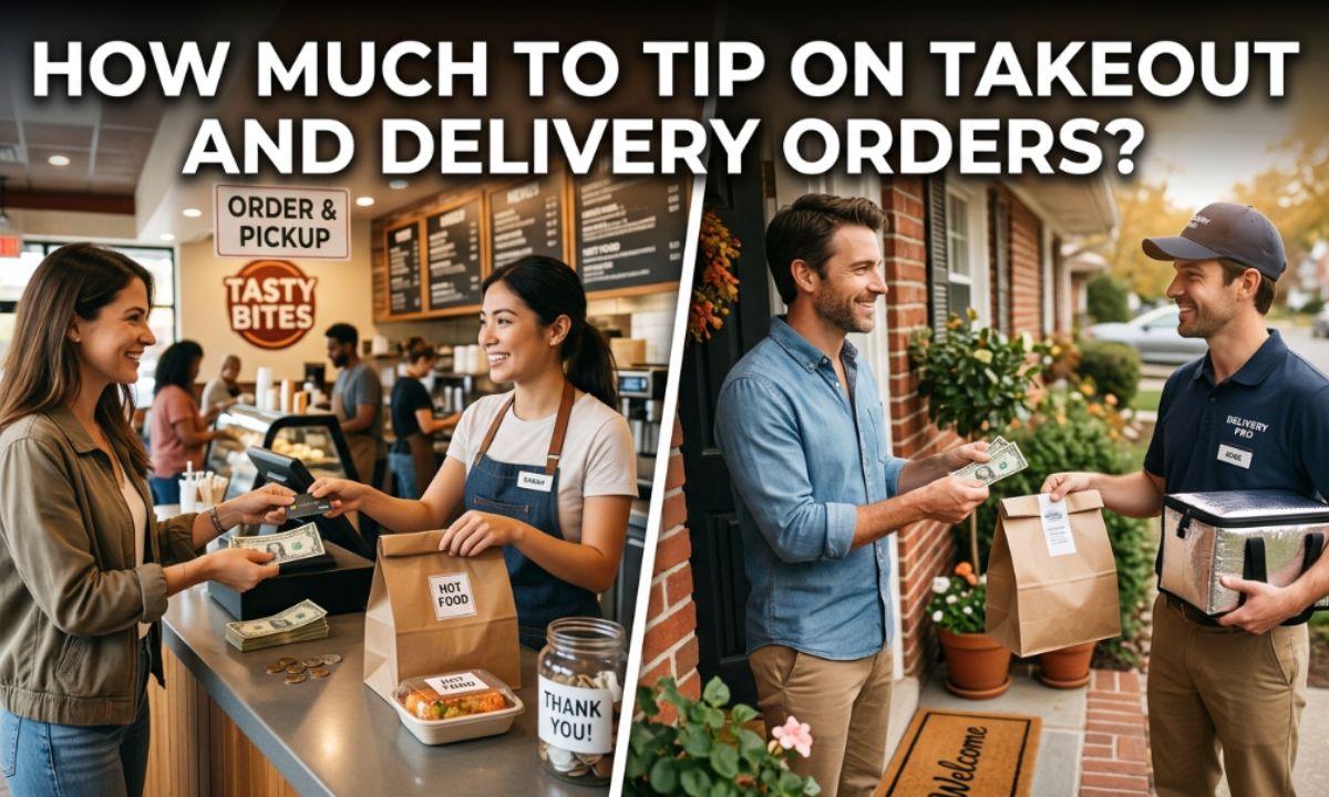 How Much to Tip on Takeout and Delivery Orders A delivery courier holding a brown paper takeout food bag on a city street, with bold overlay text that reads "How Much to Tip on Takeout and Delivery Orders".