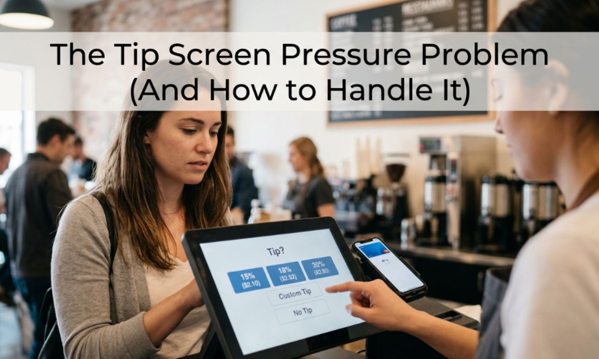 The Tip Screen Pressure Problem (And How to Handle It) A minimalist graphic featuring the headline "The Tip Screen Pressure Problem (And How to Handle It)" in clean typography next to an icon of a smartphone screen showing a percentage symbol inside a dialogue bubble.