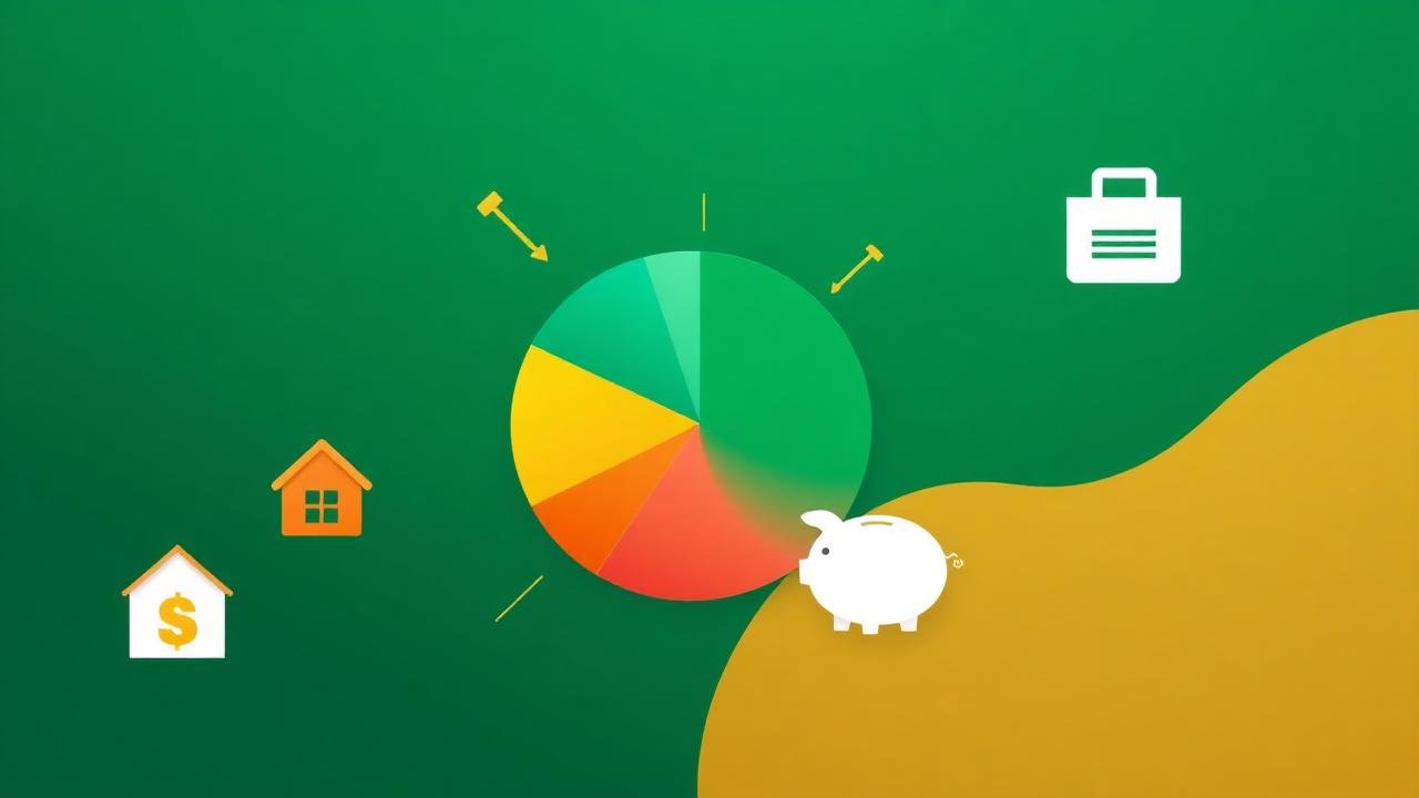 Monthly budget breakdown on a $20 an hour salary Budget pie chart with house, piggy bank and shopping icons showing monthly spending on $20 an hour